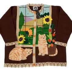 New With Tag. Sz 2x Ramie/Cotton Blend Brown/Tan With Cats And Sunflowers. Floral Buttons Measurements- 26” Pit To Pit 26.5” Collar To Cuff 27.5” Shoulder To Hem Vintage Storybook, Knits Sweaters, Sweaters Vintage, Tabby Cats, Sweater Plus, Grandma Sweater, Earthy Outfits, Really Cute Outfits, Tabby Cat