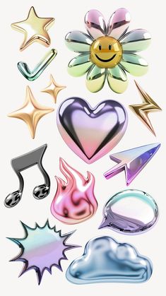 an assortment of metal objects including hearts, stars and music notes