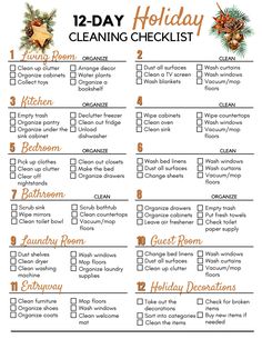 the 12 day cleaning checklist is shown in this printable form, with orange and green decorations