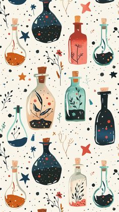 an image of bottles with plants and stars in them on a white wallpaper background