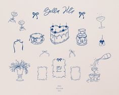 an image of various cakes and desserts drawn in blue ink