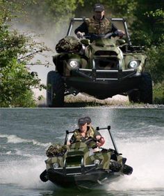 two pictures of people riding in an army vehicle and on water skis while another man is behind them