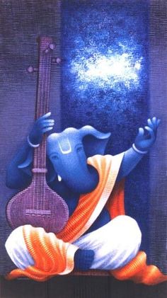 an elephant with a guitar in its lap