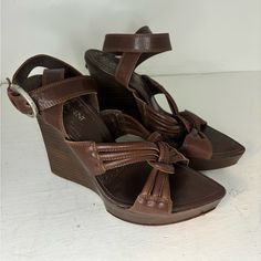 Vintage Ysl Brown Leather Wedges. Interwoven Leather Crossover Straps With Buckle Fastening And High Blocked Wood Platform Wedges. Finished With Branded Hardware To Heel. Ysl Wedges, Brown Leather Wedges, Yves Saint Laurent Shoes, Vintage Ysl, Leather Wedges, Womens Shoes Wedges, Platform Wedges, Platform Sandals, Crossover