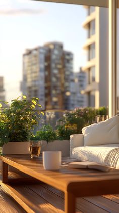 a coffee table on a wooden deck with potted plants