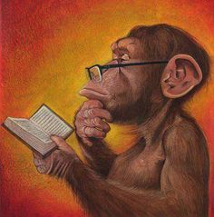 a drawing of a monkey holding a book and looking at it's face with glasses