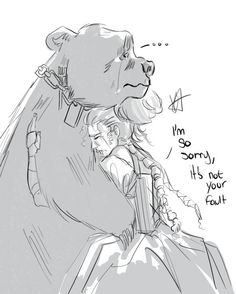 a black and white drawing of a woman hugging a large bear's head with the caption i'm sorry it's not your fault