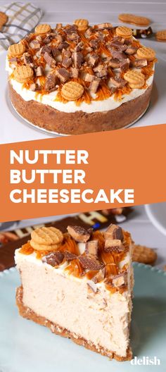 two different types of cheesecakes with the words nutter butter cheesecake on top