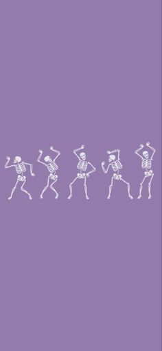 a line of skeletons walking across a purple background