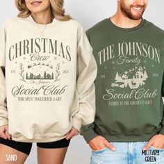 Custom Last Name Matching Family Christmas Sweatshirt Personalized Family Name Holiday Sweater Group Friends Christmas Crewneck Christmas Crew Shirt Couples Christmas Gift Xmas Gift The perfect cozy Matching Christmas Eve sweatshirt for a Family Christmas together! This Personalized Last Name Matching Family Christmas Sweater makes the perfect Family Xmas Gift for the Holiday. It's made from a soft, midweight cotton-blend fabric for easy layering when it gets chilly or throw it on alone for comfort. Full of style and comfort, we think this sweatshirt has all the qualities your family could ever want. Runs true to size, but size up if you'd like a more oversized fit. PLEASE NOTE: Colors may vary from the photos! They may not be exact but we strive to use the highest quality photos for the b Cheap Family Sweatshirt With Letter Print, Matching Family Christmas Sweaters, Couples Christmas Gift, Family Sweaters, Family Christmas Sweater, Family Christmas Sweaters, Name Matching, Matching Christmas Family, Couples Christmas