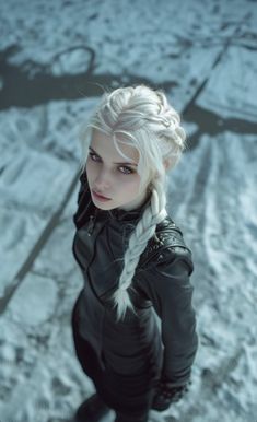 a woman with long white hair and braids standing in the middle of snow covered ground