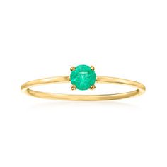 Ross-Simons - .20 Carat Emerald Ring in 14kt Yellow Gold. Size 8. RS Pure. Modern designs that complete your outfit and complement your personality. There's always room for more dainty gemstone rings. Stationed on a small 14kt yellow gold band, a .20 carat emerald adds a subtle touch of color to your favorite stacks. 1/8" wide. Emerald ring. Emerald birthstones are the perfect gift for May birthdays. Solitaire Ring For May Birthstone In Fine Jewelry Style, Fine Jewelry Solitaire Ring For May Birthstone, Fine Jewelry Yellow Gold Emerald Ring With Round Band, Yellow Gold Emerald Ring Fine Jewelry, Yellow Gold Emerald Ring With Round Band, Yellow Gold Emerald Stackable Rings, Yellow Gold Stackable Emerald Ring, Fine Jewelry 14k Gold Solitaire Emerald Ring, Stackable Yellow Gold Emerald Ring