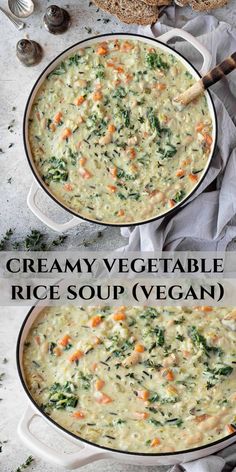 creamy vegetable rice soup vegan in a pan