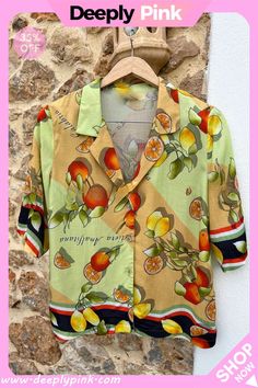 Fruity Citrus Linen Blend Printed Button Down Vacation Blouse Shirt Collar Styles, Citrus Twist, Vacation Wear, Exclusive Dress, Backless Maxi Dresses, Amalfi Coast, Shirt Collar, Short Sleeve Blouse, Wide Leg Trousers