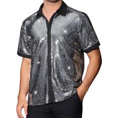 The shiny sequins design of the button down shirts can make you catch people's attentions in the special events. Match the glitter sequins printed shirts with leather pants or shiny shorts for parties, dance, or fashion shows. The sequin shirt is perfect for fashion shows, art events, music festivals, parties, club, disco, performances, etc. Party Season Short Sleeve Shirt, Summer Disco Style Party Shirt, Party Short Sleeve Shirt, Summer Disco Party Shirt, Fitted Disco Shirt For Party, Fitted Disco Party Shirt, Fitted Disco Style Party Shirt, Disco Style Shirt For Night Out In Summer, Summer Disco Shirt For Night Out