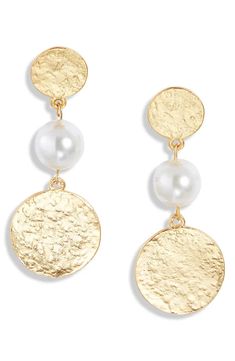 Coin and pearl drop earring - Karine Sultan Pearl Drop Pendant, Pewter Plates, Pendant Earring, 24kt Gold, Drop Pendant, Pearl Drop Earrings, Pearl Drop, Creamy White, Pendant Earrings