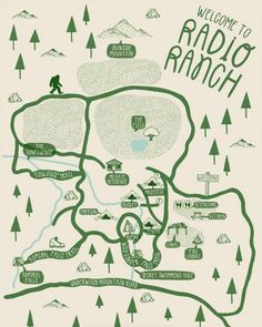 a map with the words welcome to radio ranch in green and black on it's side