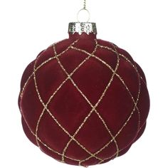 a red ball ornament hanging from a chain