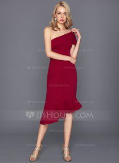 Sheath/Column One-Shoulder Asymmetrical Stretch Crepe Cocktail Dress With Cascading Ruffles (016124562) Satin Cocktail Dress, Cascading Ruffles, Stretch Crepe, Autumn Summer, Summer Fall, Strapless Dress Formal, Sleeveless Formal Dress, One Shoulder Dress, Ruffles