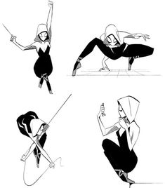 four different poses of a woman in black and white, one with her arms outstretched