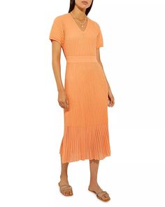 Misook - Pleated Midi Dress Elegant Orange Midi Dress With Short Sleeves, Elegant Orange Short Sleeve Midi Dress, Elegant Orange Midi Dress For Spring, Orange Pleated Midi Dress For Spring, Chic Orange Pleated Midi Dress, Elegant Orange Pleated Maxi Dress, Elegant Orange Maxi Dress For Day Out, Elegant Orange Midi Dress For Brunch, Pleated Midi Dress