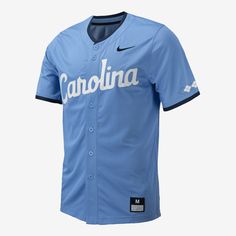 Rep UNC Baseball while looking like you just stepped off the diamond yourself in this replica baseball jersey. Team details pair with a button-down design and a classic fit to give you a look that's ready for every day, not just game day. Cheap Blue Baseball Jersey For College, Blue Cotton Baseball Jersey For Streetwear, Blue Baseball Jersey For Fan Merchandise, Unc Baseball, Moisture-wicking Crew Neck Baseball Jersey For Streetwear, Usc College, North Carolina Tar Heels, Tar Heels, Baseball Jerseys