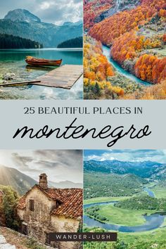 the cover of 25 beautiful places in montenergo, with photos of mountains and boats