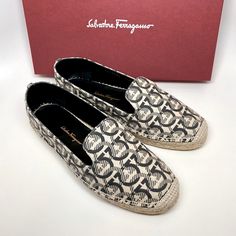 Brand New Unworn In Original Box Dust-Bag Card 100% Authentic Retail $540 Salvatore Ferragamo "Sue" Signature Gancini Jacquard Logo Beige Fabric Black Leather Insole Slip-On Espadrilles Women Flats Shoes Salvatore Ferragamo Label Women True To Size 7.5 Set Atop A Beachy Espadrille Sole, Adorned With Signature Gancini Logo Motif. 1" ( 10 Mm ) Braided-Jute Flat Heel. Jute-Capped Almond Round Toe. Notched Vamp. Black Leather Lining And Insole. Rubber Outsole. Made In Spain Elegant Beige Slip-on Espadrilles, Chic Beige Espadrilles With Woven Sole, Classic Beige Espadrilles With Woven Sole, Elegant Closed Toe Espadrilles With Textured Sole, Chic Espadrilles With Textured Sole, Elegant Slip-on Espadrilles With Woven Sole, Elegant Slip-on Espadrilles With Rubber Sole, Designer White Espadrilles With Woven Sole, Chic Leather Sole Espadrilles For Vacation