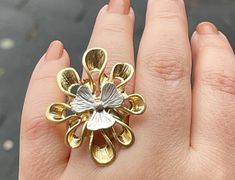 Chunky Two Tone Gold Plated Flower Statement Ring, Adjustable Floral Ring, Bold Botanical Jewelry, Handcrafted Nature-Inspired Ring by Hegicci on Etsy Nature Inspired Rings, Floral Ring, Handmade Fashion Jewelry, Botanical Jewelry, Flower Plates, Floral Botanical, Showcase Design, Bold Fashion, Statement Ring