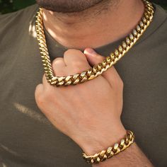 Cuban Link Choker + Bracelet Bundle in Yellow Gold - The Jewelry Plug Silver Cuban Chain, Hip Hop Bling, Miami Cuban Link Chain, Miami Cuban Link, Bracelet Apple Watch, Link Chain Bracelet, Miami Cuban, Photo Pendant, Hip Hop Outfits