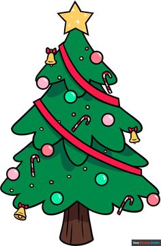 a green christmas tree with candy canes and stars on it's top, in front of a white background