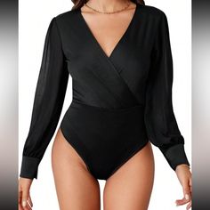 Tops | Black Long Sleeve V Neck Bodysuit | Poshmark Summer Long Sleeve Bodysuit For Workwear, Elegant Long Sleeve Stretch Swimwear, Monat Black, Burgundy Bodysuit, Business Casual Minimalist, Fashion Nova Bodysuit, 80 Fashion, Preppy Prom, Zara Bodysuit