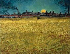 a painting of a wheat field with buildings in the background