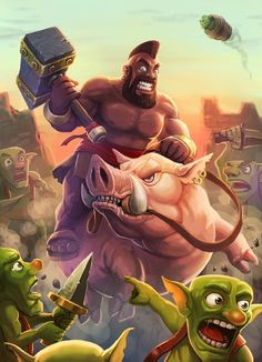 a painting of a man riding on the back of a pig while surrounded by monsters