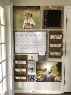 a wall with pictures and calendars on it