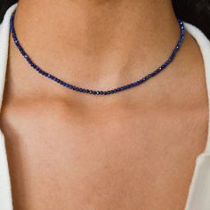 "Beaded Gemstone Choker in Lapis Lazuli. It is a perfect layering necklace and is a beautiful piece to add a hint of color.  Known as the \"Wisdom Keeper\", Lapis Lazuli is a stone of inner truth and power which increases intuitive and psychic awareness. Associated with the Third Eye Chakra, Lapis Lazuli helps to create and maintain a spiritual connection. It brings harmony and deep inner self knowledge. ♡ MATERIALS & MEASUREMENTS * Tiny faceted gemstone * Stone sizes: 2 - 2.5 mm * 18 k Gold pla Self Knowledge, Gemstone Choker, Necklace Birthstone, Lapis Lazuli Necklace, Gemstone Beaded Necklace, Necklace Gemstone, Layering Necklace, Necklace Dainty, Beaded Choker