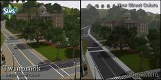 two different views of a street with trees and buildings