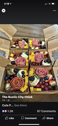 four boxes filled with different types of food