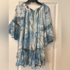 Women’s Boho Me Chic Tie Dye, Off The Shoulder Mini Dress/Cover Up, Size Medium, New With Tags Light Blue Cotton Bohemian Dress, Vacation Blue Dress With Lace Trim, Vacation Blue Dresses With Lace Trim, Blue Lace Trim Dress For Vacation, Blue Bohemian Mini Dress With Lace Trim, Flowy Breezy Tunic Dress, Bohemian Blue Mini Dress With Lace Trim, Casual Flowy Boho Dress With Lace Trim, Blue Mini Dress With Lace Trim For Vacation