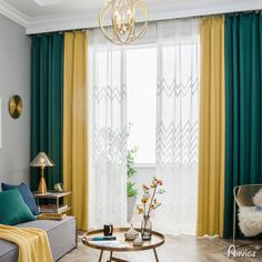 a living room with green curtains and yellow drapes