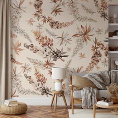 a living room scene with focus on the wallpaper