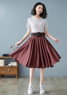 "★★ FEATURES * 100% Linen * Two side seam pockets * Right hidden zipper closure * with belt loop * Pleated skirt * A Line Skirt * Perfect for Spring, Summer, Autumn * Wash by hand or machine with cold water ★★ The model is 165 cm (5′ 5″) tall with a 80 cm (31.5\") bust, 66 cm (26\") waist. She is wearing the brown linen skirt in size XS. ★★ Bespoke Order Service If you Request other color Request the length Your height is not between 155 cm- 172 cm Your weight is over 75 kg I can do it for you, Relaxed Fit Belted Flared Skirt, Retro Non-stretch Skirt For Summer, Retro Non-stretch Summer Skirt, Belted Relaxed Midi Skirt, Belted Skirt For Summer, Non-stretch Long Brown Skirt, Non-stretch Brown Long Skirt, Casual Belted Midi Skirt, Belted Full Skirt For Summer