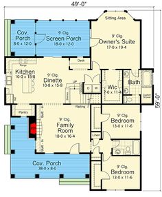 the floor plan for a home with two separate rooms and an attached pool area,