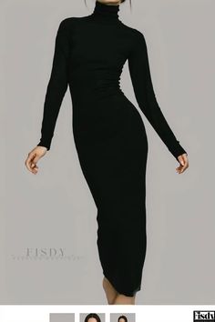 Fisdy - Elegant and Chic High Neck Bodycon Dress with a Sexy High Waist, Long Sleeves, and a Modest Length Bodycon Dress Elegant, Black Long Sleeve Midi Dress, High Neck Bodycon Dress, Long Pencil Skirt, Elegante Y Chic, Wrap Around Skirt, Neck Bodycon Dress, Dress With Long Sleeves, Slim Fit Dresses