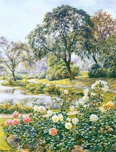 a painting of roses and trees in a field