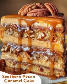 a piece of caramel cake with pecans on top