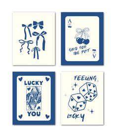 four cards with the words lucky, lucky and lucky written in blue ink on them