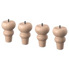 four wooden knobs are shown in three different positions, one is turned upside down