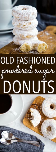 old fashioned powdered sugar doughnuts stacked on top of each other with coffee in the background