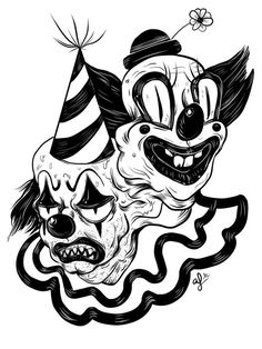 a drawing of a clown with a hat on it's head and a skull in the foreground